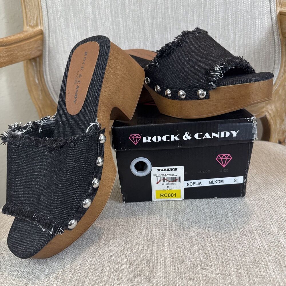 Rock & Candy Noelia Platform Slide Sandals Black Denim Women’s Casual block heel